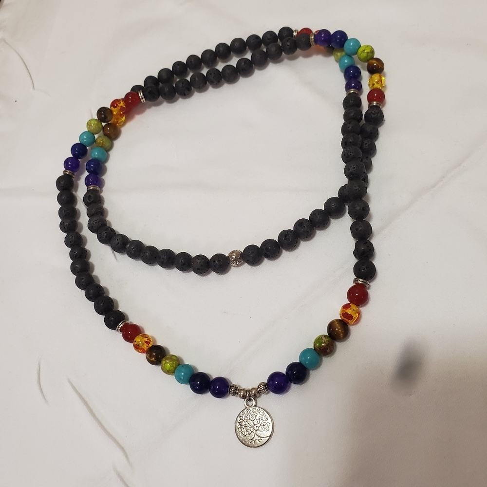 7 Chakras Healing Necklace or Bracelet with lava beads and tree of life pendant